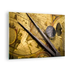 Quadro em vidro - Mapa antigo com bússola e compasso - 70x50cm - Onde estão esses tesouros? - Decoração de parede moderna para a sala de estar e quarto ARTTOR