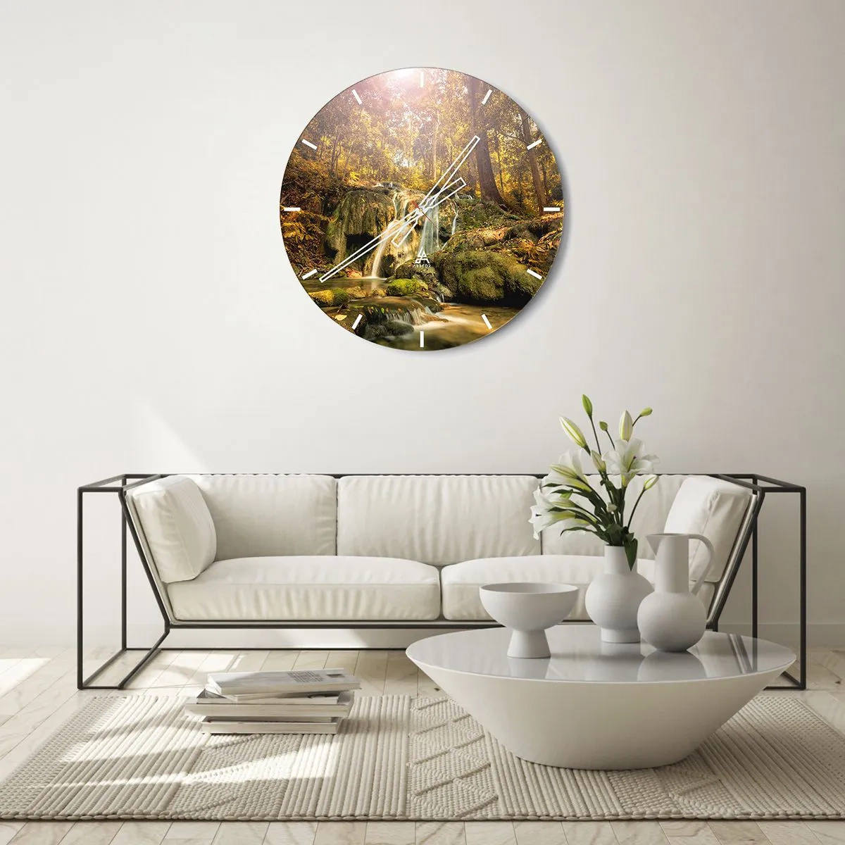 Relógio de parede - Relógio em vidro - Cachoeira da floresta ao sol - 30x30cm - Cascata na floresta - Decoração de parede moderna para a sala de estar, cozinha e quarto ARTTOR