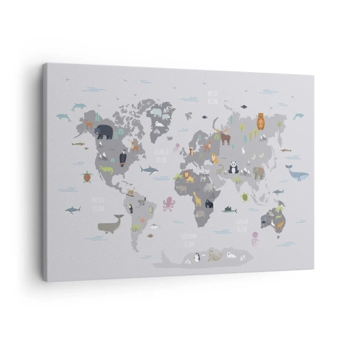 Quadro em tela - Um mapa-múndi com ilustrações de animais em um fundo cinza - 70x50cm - Diga-me de onde é... - Decoração de parede moderna para a sala de estar e quarto ARTTOR