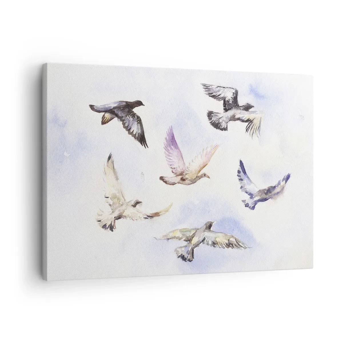 Quadro em tela - Pássaros em aquarela voando contra um céu delicado - 70x50cm - Liberdade em cinza e azul - Decoração de parede moderna para a sala de estar e quarto ARTTOR