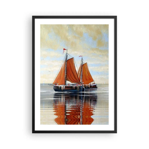 Pôster com moldura preta - Veleiros em águas calmas com velas vermelhas - 50x70cm - A velejar, marujo… - Decoração de parede moderna para a sala de estar e quarto ARTTOR
