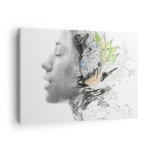 Quadro em tela - Perfil de uma mulher em uma colagem artística de natureza e negritude - 70x50cm - Imersa na natureza - Decoração de parede moderna para a sala de estar e quarto ARTTOR