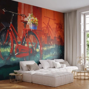 Papel de Parede Premium Sand - Quero andar de bicicleta - Bicicleta antiga, Flores em um vaso, Viagem - 100x70 cm