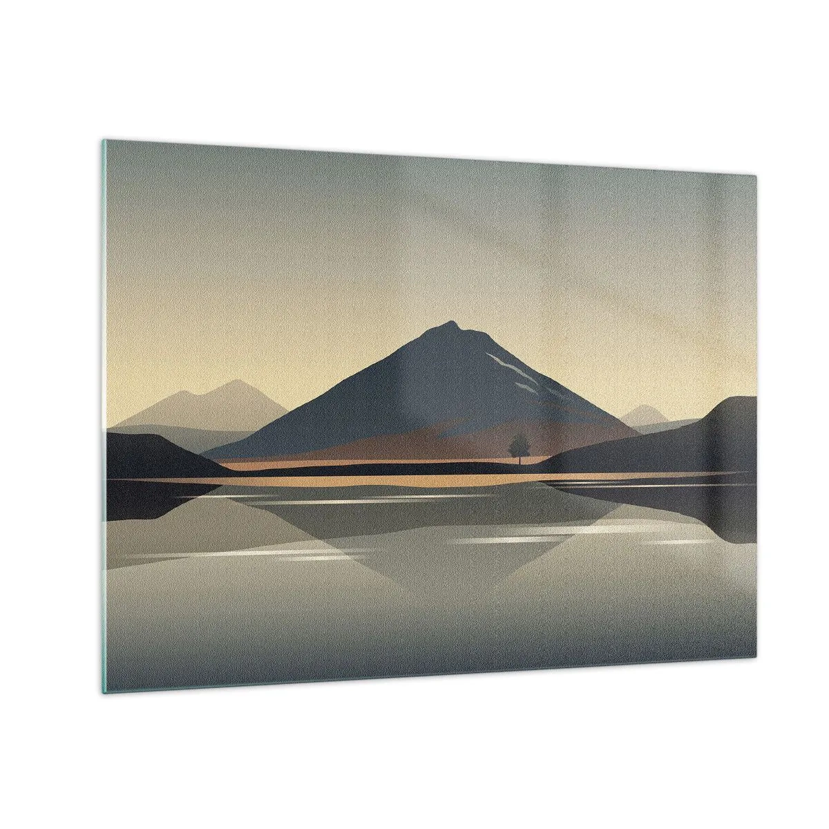 Quadro em vidro - Montanhas e lago em tons quentes com efeito reflexivo - 70x50cm - Reflexo de espelho - Decoração de parede moderna para a sala de estar e quarto ARTTOR