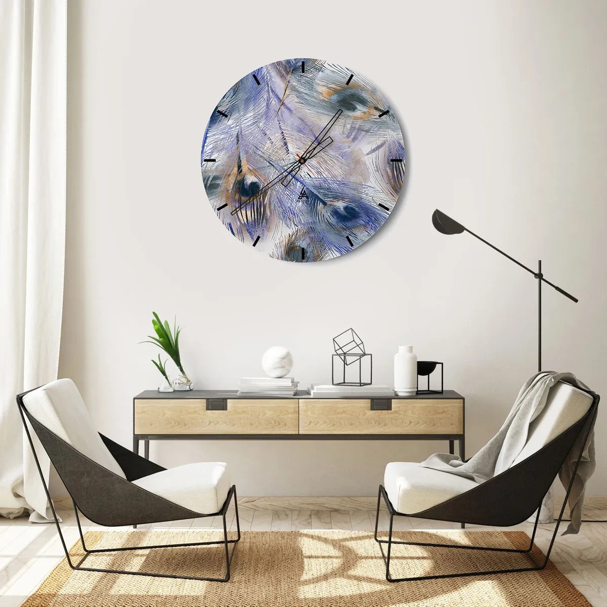 Relógio de parede - Relógio em vidro - Uma composição inspirada em penas de pavão em um estilo artístico - 30x30cm - Composição do pavão - Decoração de parede moderna para a sala de estar, cozinha e quarto ARTTOR