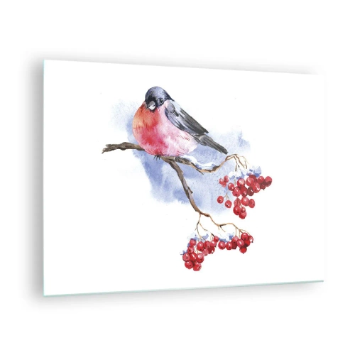 Quadro em vidro - Um pássaro em um galho de sorveira - 70x50cm - Inverno a cores - Decoração de parede moderna para a sala de estar e quarto ARTTOR
