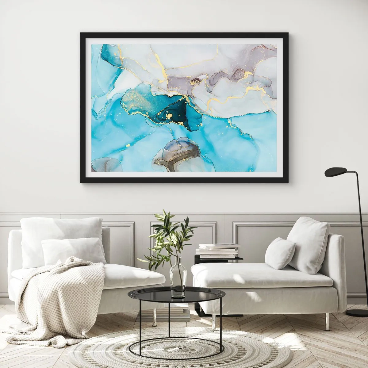 Pôster com moldura preta - Estudo do encontro do cinza e turquesa - 50x40 cm