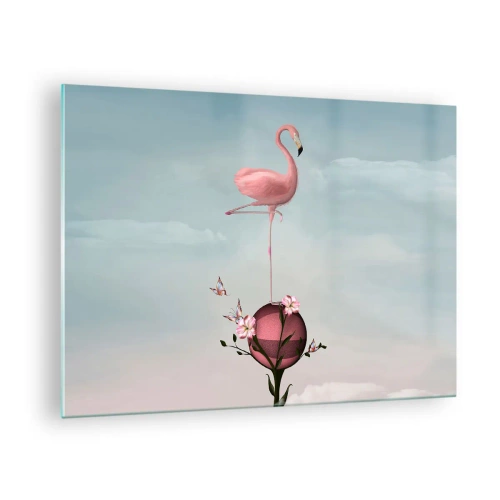 Quadro em vidro - Um flamingo rosa em pé sobre uma bola decorativa com flores e borboletas. - 70x50cm - Alegoria do basquetebol - Decoração de parede moderna para a sala de estar e quarto ARTTOR