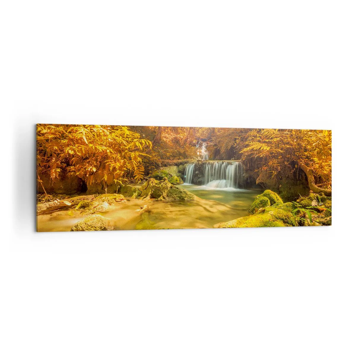 Quadro em tela - Cascata na floresta em ouro - 160x50 cm