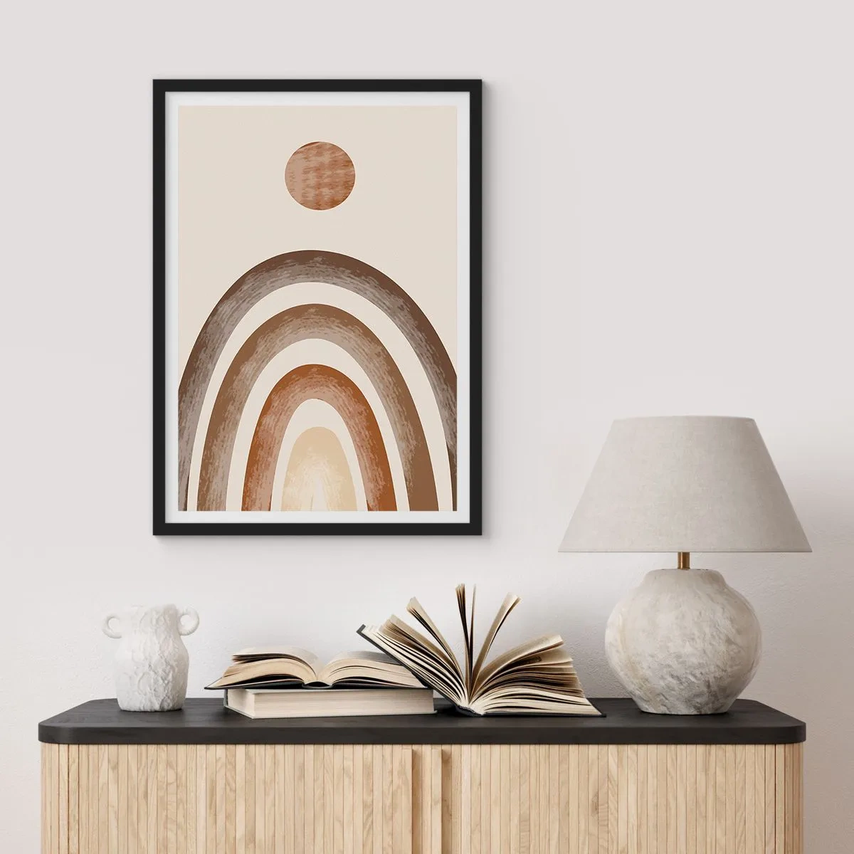 Pôster com moldura preta - Motivo abstrato de arcos e sol em tons terrosos - 50x70cm - Numa galáxia muito distante - Decoração de parede moderna para a sala de estar e quarto ARTTOR