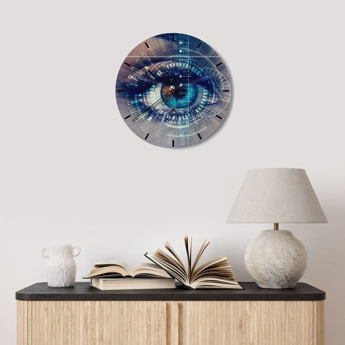 Relógio de parede - Relógio em vidro - Um olho cercado por gráficos digitais - 30x30cm - Achas que me conheces - Decoração de parede moderna para a sala de estar, cozinha e quarto ARTTOR