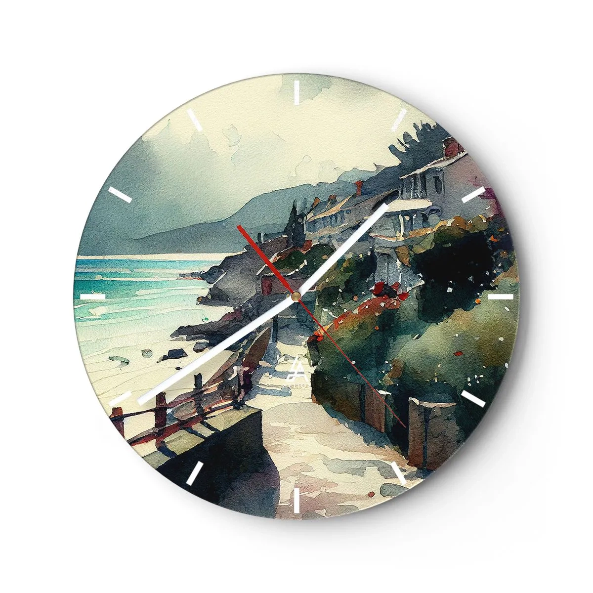 Relógio de parede - Relógio em vidro - Um caminho costeiro que atravessa edifícios mediterrânicos com vista para o mar - 30x30cm - Cidade mediterrânea - Decoração de parede moderna para a sala de estar, cozinha e quarto ARTTOR