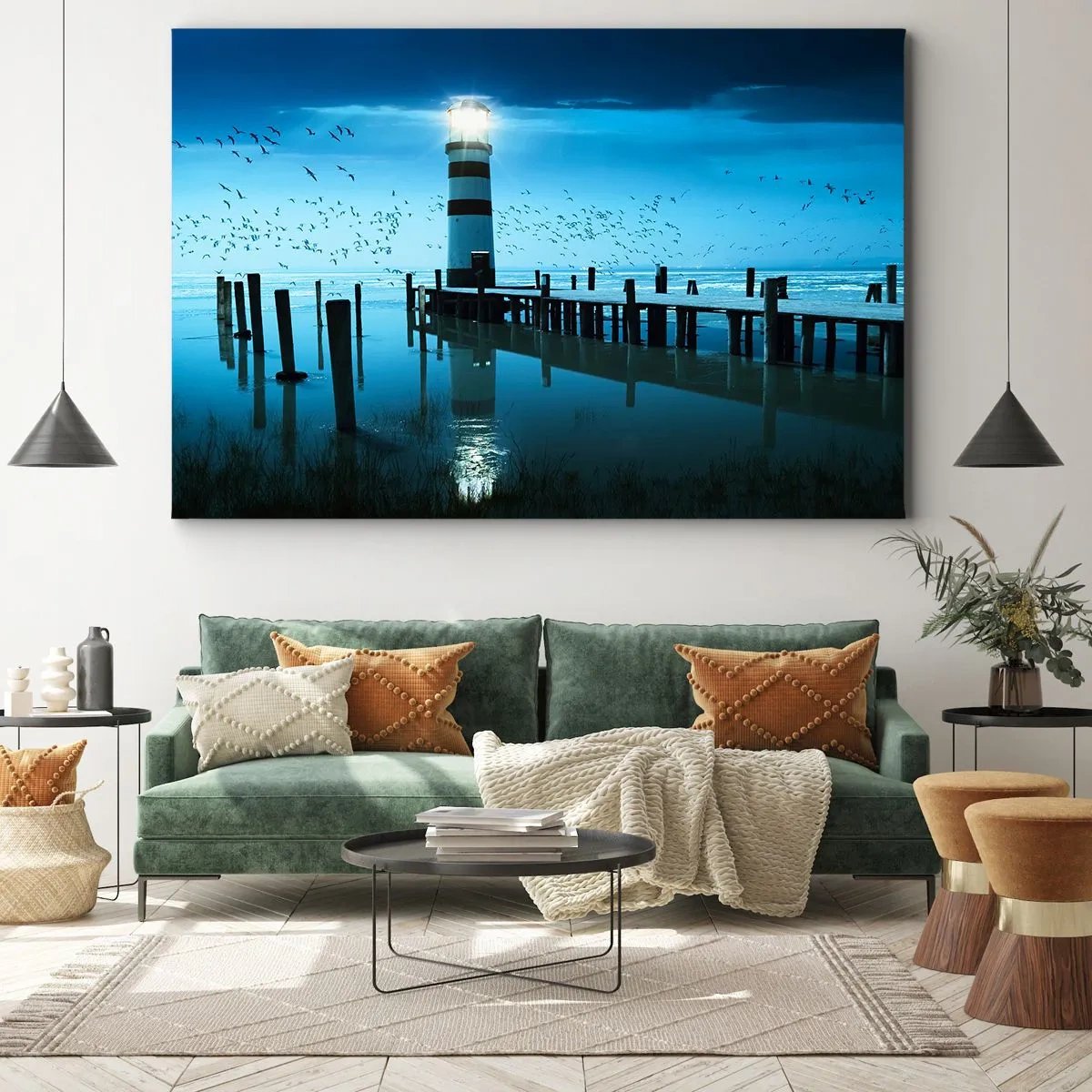 Quadro em tela - O farol no cais iluminado à noite - 70x50cm - E não se teme o escuro - Decoração de parede moderna para a sala de estar e quarto ARTTOR