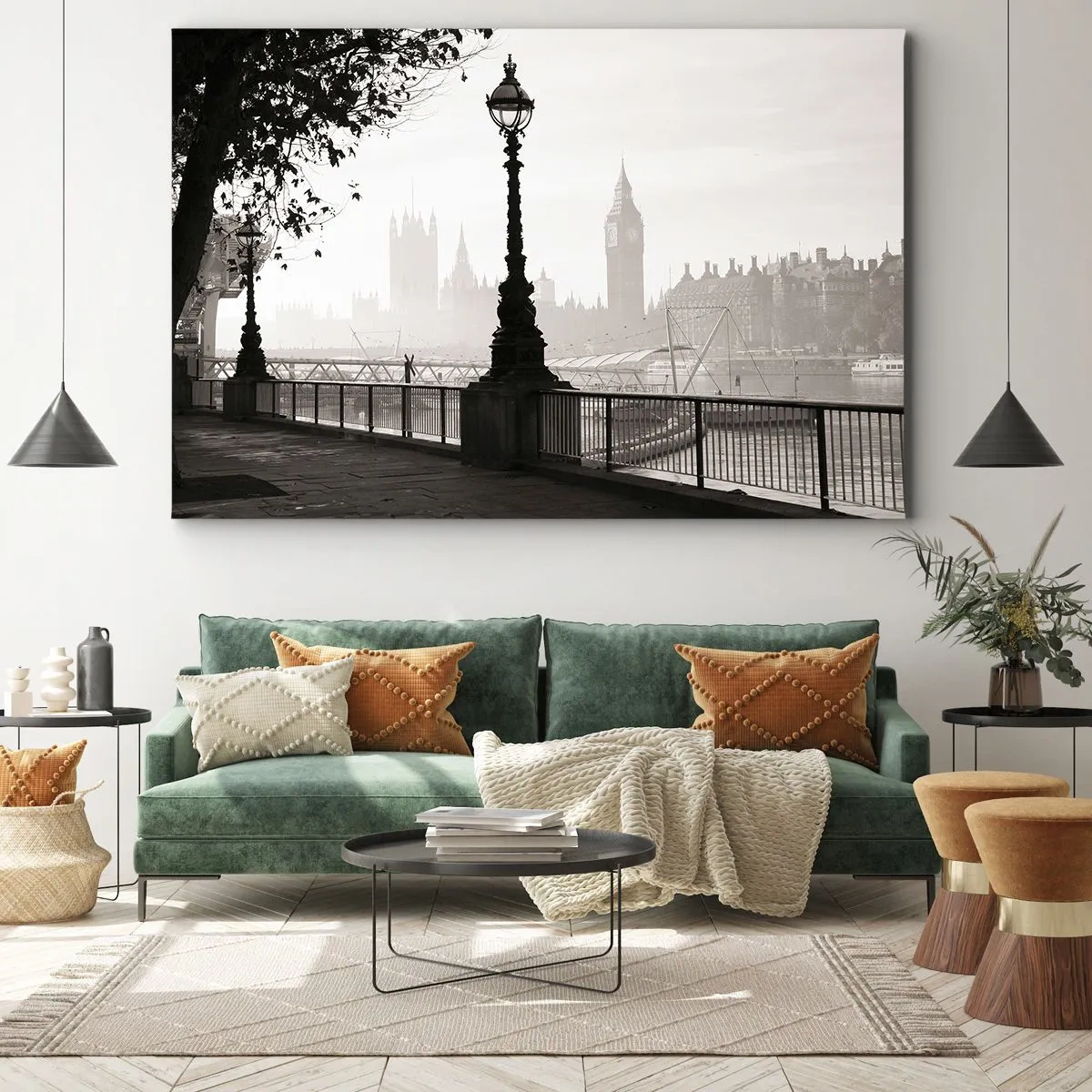 Quadro em tela - Uma vista monocromática do Big Ben e do Tâmisa. - 70x50cm - Manhã Londrina - Decoração de parede moderna para a sala de estar e quarto ARTTOR