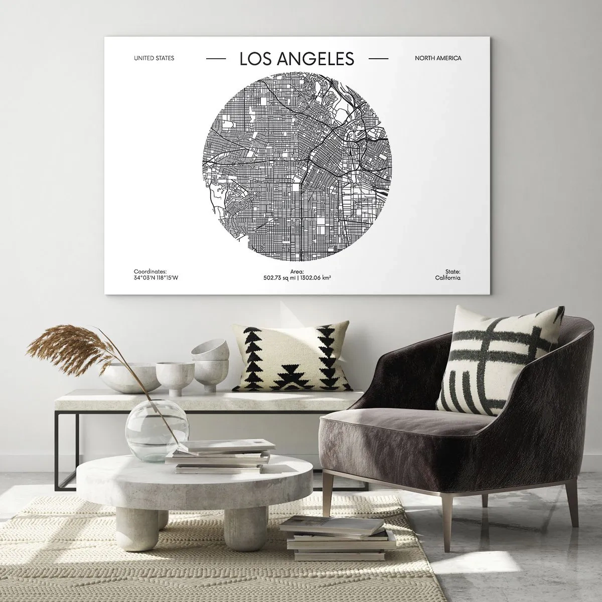 Quadro em vidro - Um mapa minimalista em preto e branco de Los Angeles. - 70x50cm - Anatomia de Los Angeles - Decoração de parede moderna para a sala de estar e quarto ARTTOR