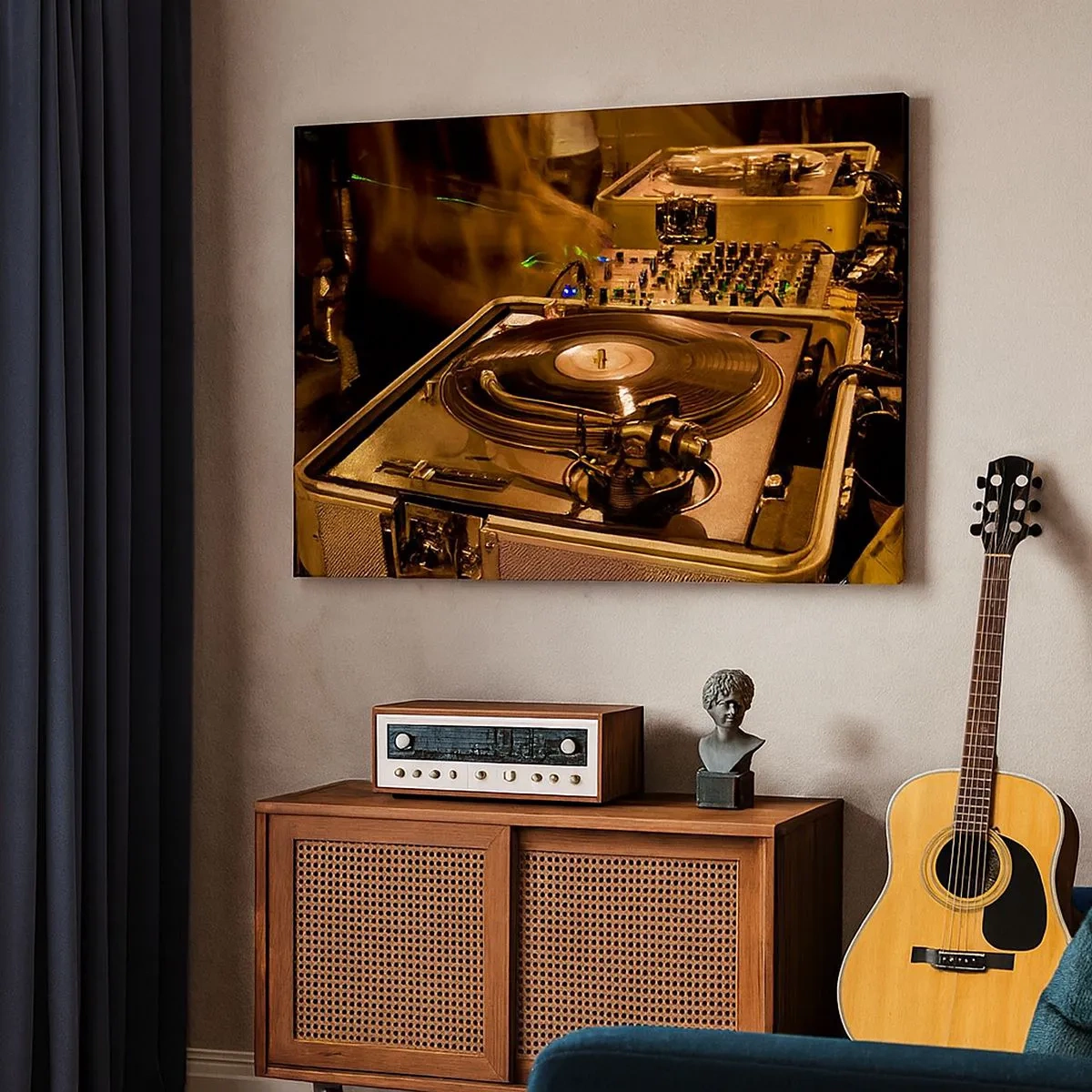 Quadro em tela - Equipamento de DJ com toca-discos e mixer durante uma festa - 70x50cm - Sente esse poder? - Decoração de parede moderna para a sala de estar e quarto ARTTOR