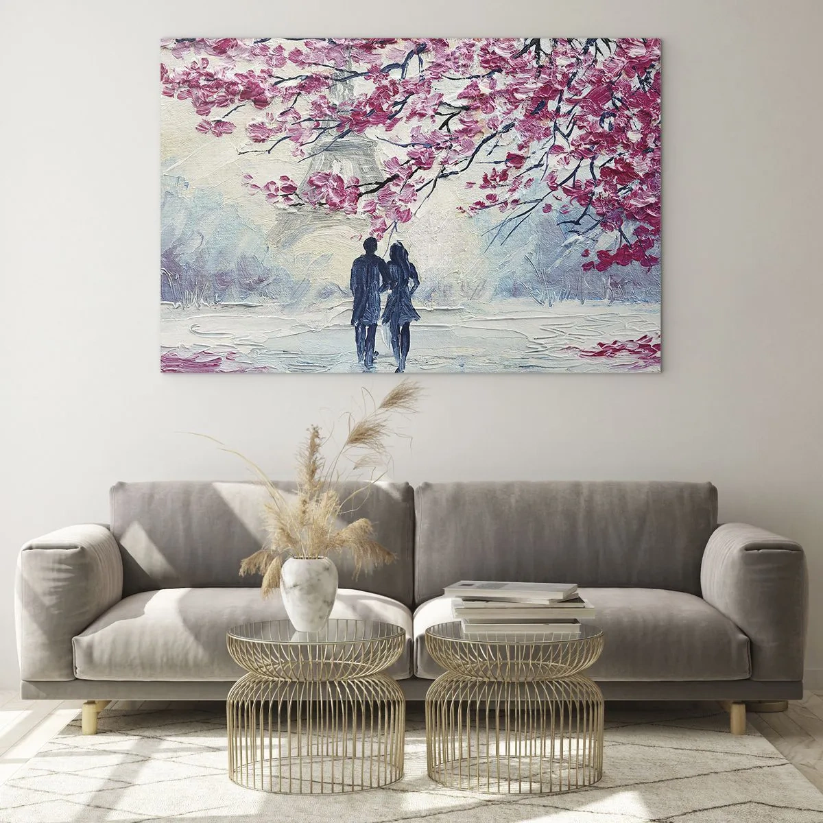 Quadro em vidro - Um casal caminhando sob árvores floridas - 70x50cm - Passeio romântico - Decoração de parede moderna para a sala de estar e quarto ARTTOR