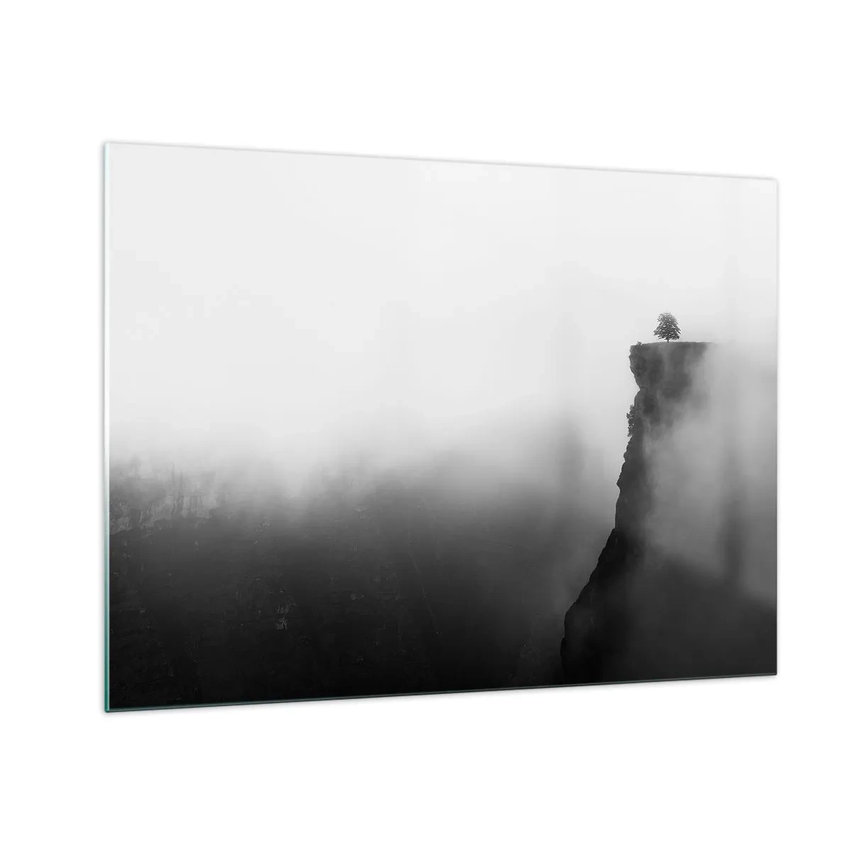 Quadro em vidro - Uma árvore solitária na beira de um penhasco em meio à névoa espessa - 70x50cm - No limite do mundo - Decoração de parede moderna para a sala de estar e quarto ARTTOR