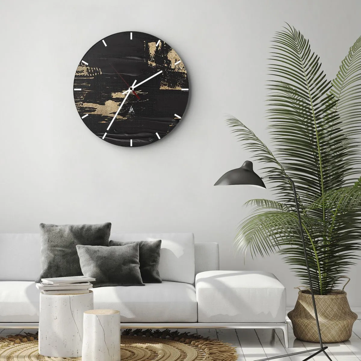Relógio de parede - Relógio em vidro - Fundo preto com pinceladas dinâmicas de tinta dourada - 30x30cm - Rastro de toque - Decoração de parede moderna para a sala de estar, cozinha e quarto ARTTOR
