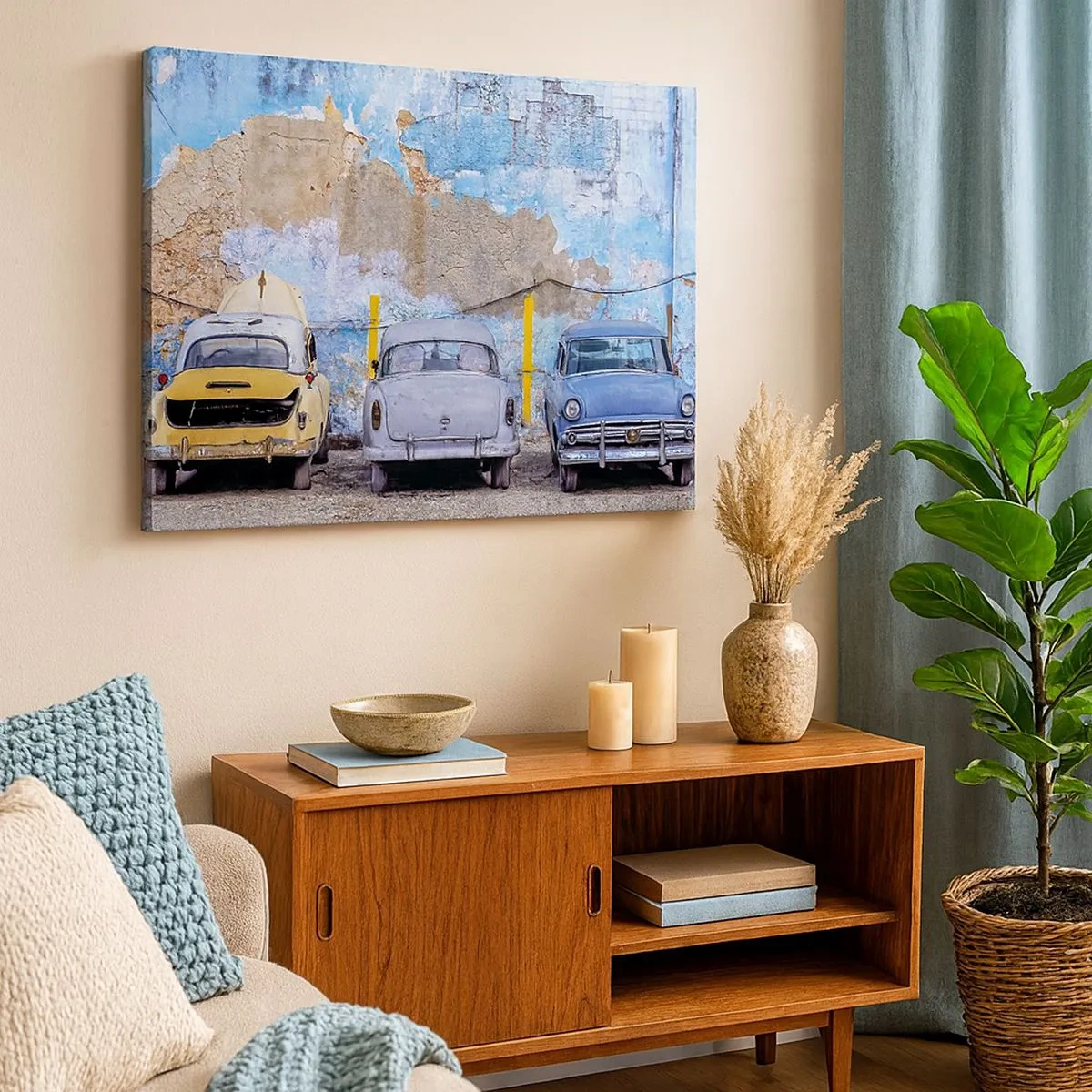 Quadro em tela - Carros antigos tendo como pano de fundo uma parede destruída - 70x50cm - Encontro de Veteranos - Decoração de parede moderna para a sala de estar e quarto ARTTOR