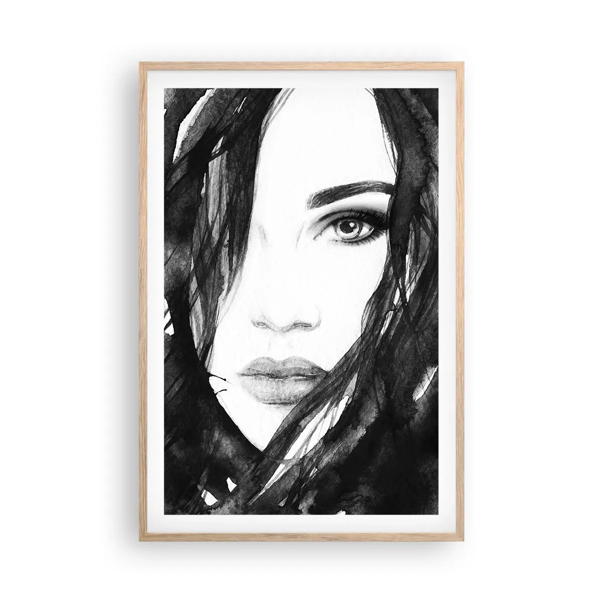 Pôster com moldura de carvalho claro - Retrato de uma dama a preto e branco - 61x91 cm
