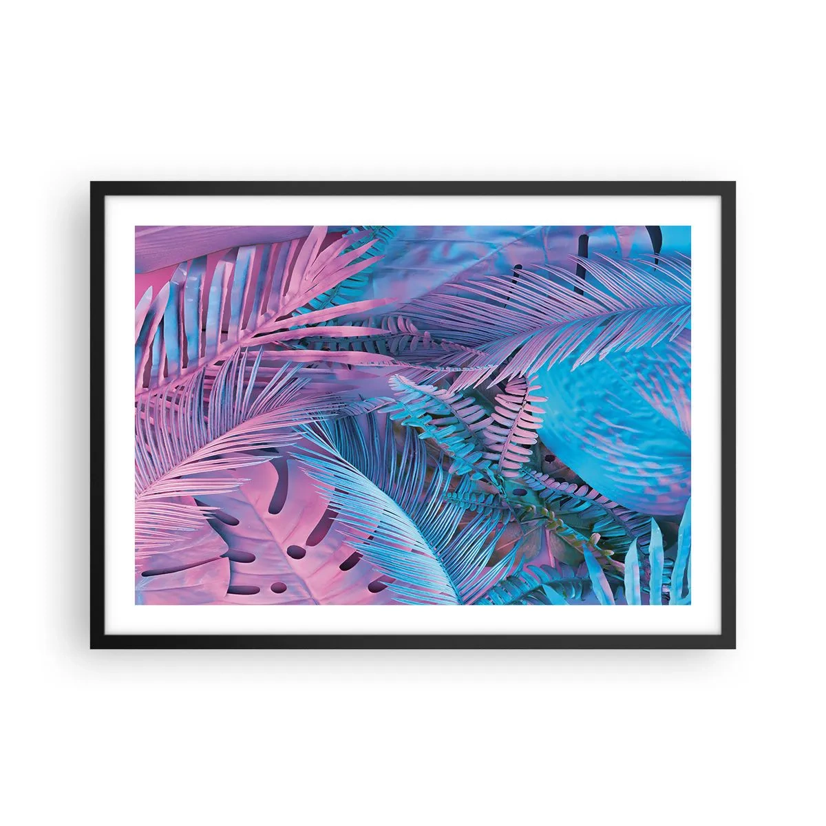 Pôster com moldura preta - Trópicos em rosa e azul - 70x50 cm