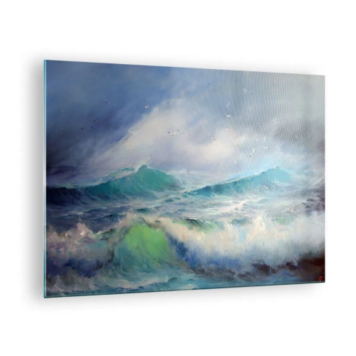 Quadro em vidro - Ondas fortes do oceano com pássaros em um céu nublado - 70x50cm - O vento uivava triunfalmente… - Decoração de parede moderna para a sala de estar e quarto ARTTOR