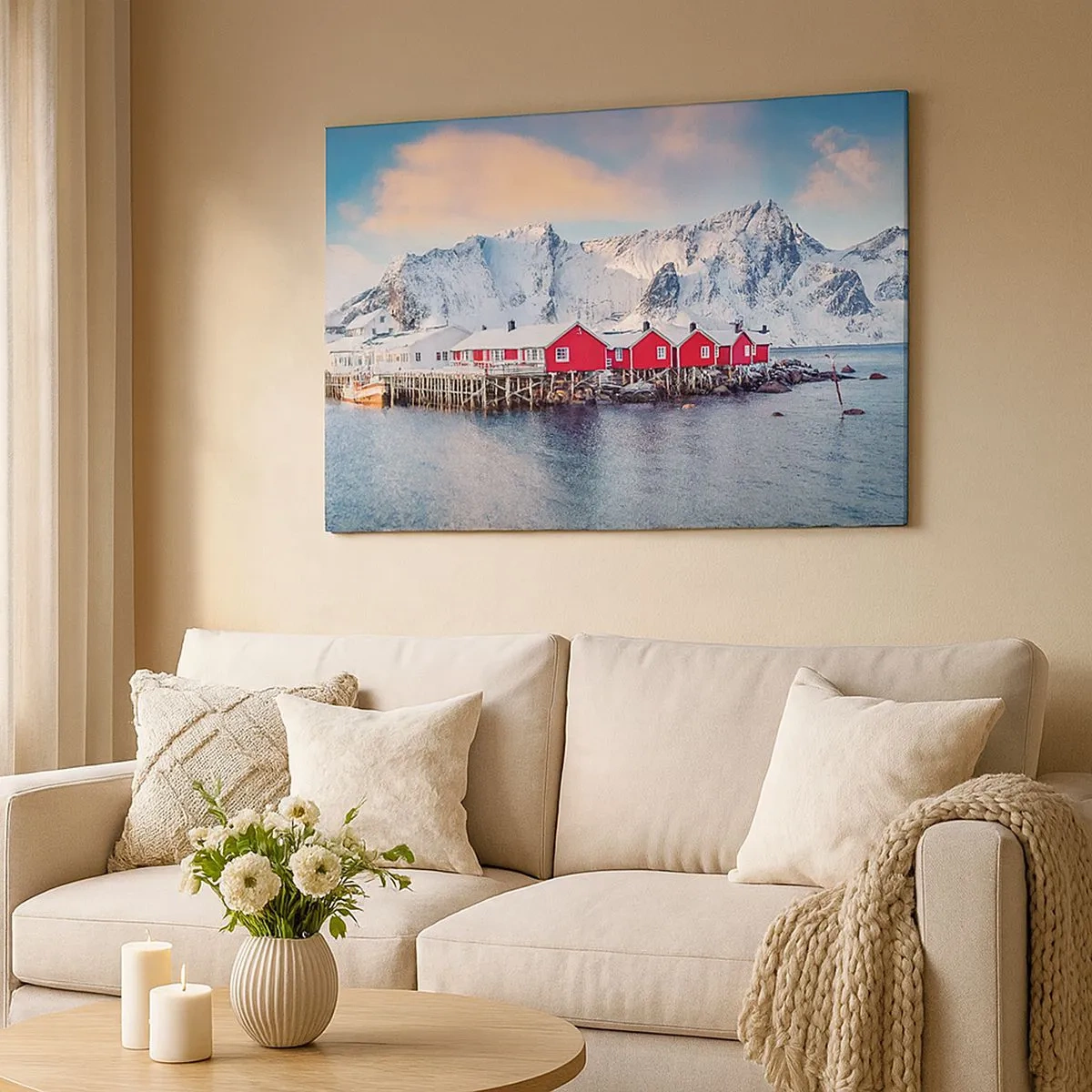 Quadro em tela - Casas vermelhas contra o fundo de montanhas nevadas e o mar azul - 70x50cm - Refpugio do Norte - Decoração de parede moderna para a sala de estar e quarto ARTTOR