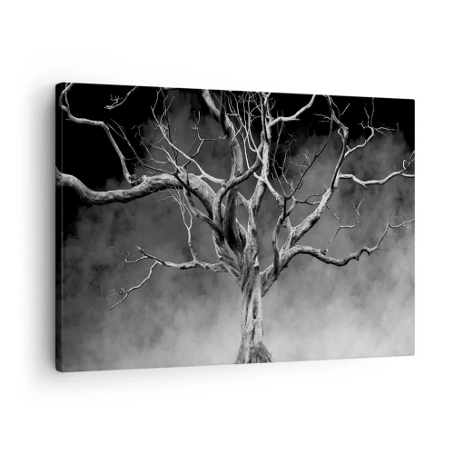 Quadro em tela - Uma árvore seca em preto e branco contra a neblina - 70x50cm - Primitivo e sagrado - Decoração de parede moderna para a sala de estar e quarto ARTTOR