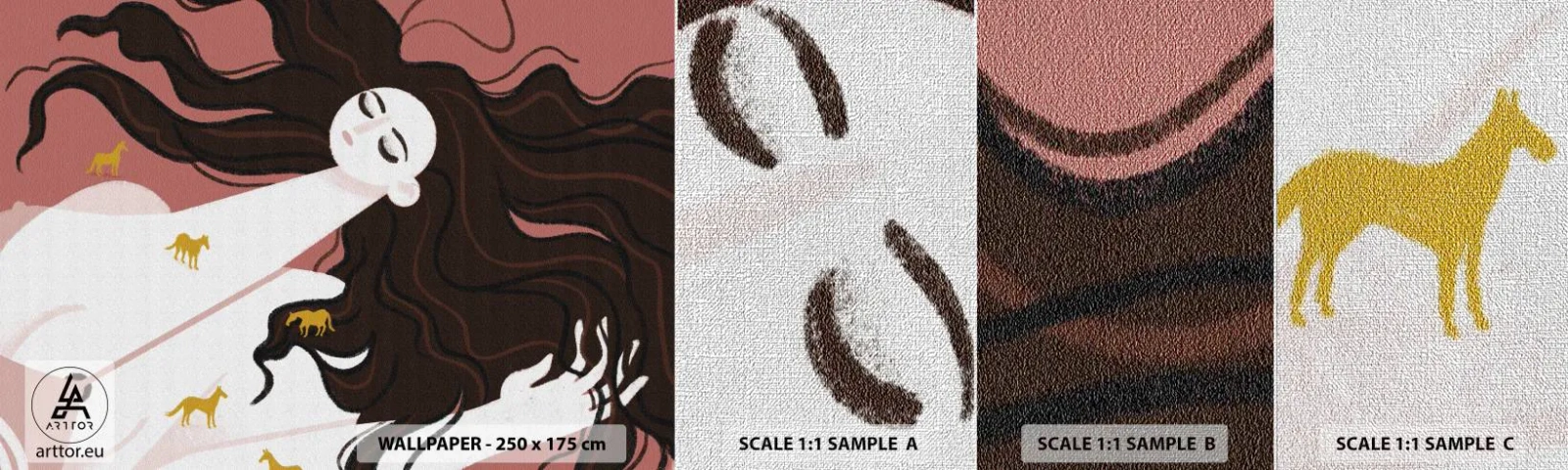 Amostra de papel de parede Premium Canvas - Sonho com um cavalo dourado - Mulher, Retrato, Minimalismo - 100x30 cm