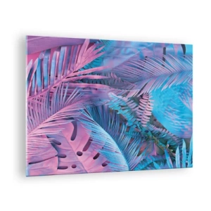 Quadro em vidro - Folhas tropicais em tons de rosa e azul sobre fundo neon - 70x50cm - Trópicos em rosa e azul - Decoração de parede moderna para a sala de estar e quarto ARTTOR