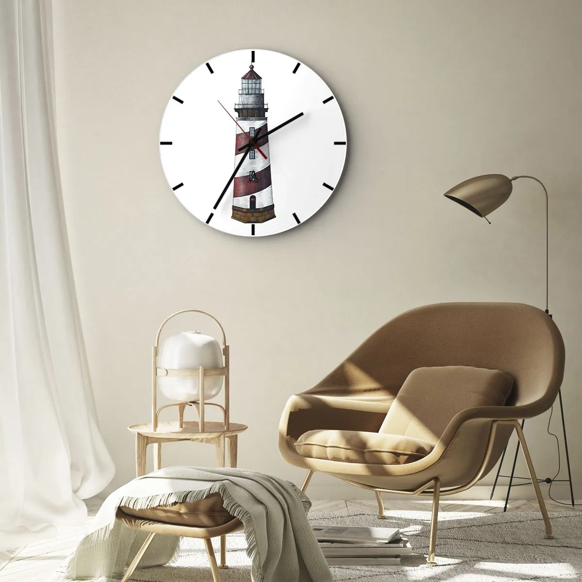Relógio de parede - Relógio em vidro - Um farol com listras vermelhas e brancas em um fundo branco - 30x30cm - Sempre em guarda - Decoração de parede moderna para a sala de estar, cozinha e quarto ARTTOR
