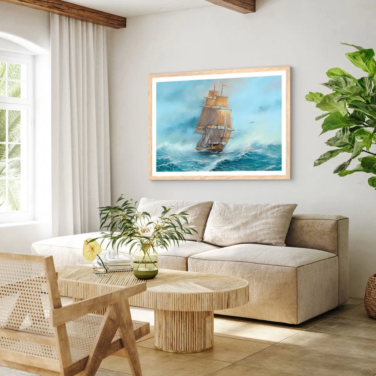 Pôster com moldura de carvalho claro - Correndo sobre as ondas - 100x70 cm