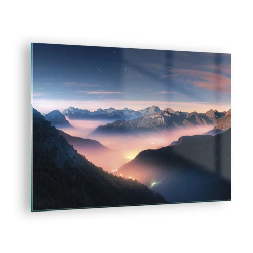Quadro em vidro - Paisagem montanhosa ao pôr do sol com neblina no vale - 70x50cm - Luz nos vales - Decoração de parede moderna para a sala de estar e quarto ARTTOR