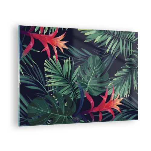 Quadro em vidro - Folhas e flores exóticas em um fundo escuro - 70x50cm - Queimar em verde - Decoração de parede moderna para a sala de estar e quarto ARTTOR