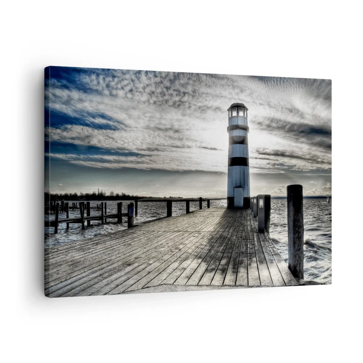 Quadro em tela - Farol em um píer de madeira com vista para o mar. - 70x50cm - Marinheiros, aguardo ansiosamente - Decoração de parede moderna para a sala de estar e quarto ARTTOR