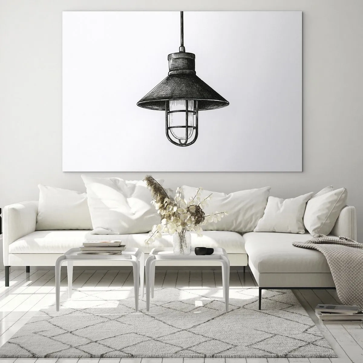 Quadro em vidro - Luminária pendente preta estilo industrial - 70x50cm - Como antigamente… - Decoração de parede moderna para a sala de estar e quarto ARTTOR
