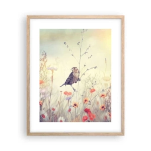 Pôster com moldura de carvalho claro - Retrato de um pássaro com um prado no fundo - 40x50 cm