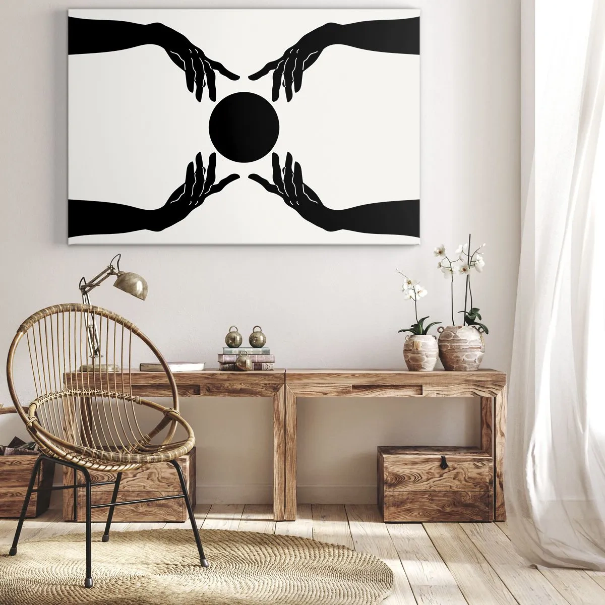 Quadro em tela - Mãos pretas em uma composição simétrica com uma bola - 70x50cm - Sinal secreto - Decoração de parede moderna para a sala de estar e quarto ARTTOR