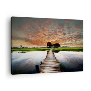 Quadro em tela - Ponte de madeira sobre a água ao pôr do sol - 70x50cm - Abra os braços - respire - Decoração de parede moderna para a sala de estar e quarto ARTTOR