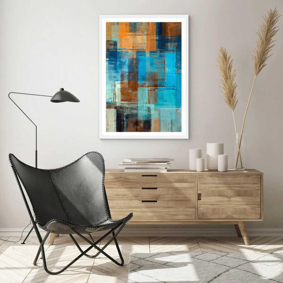 Pôster em moldura branca - Através da cortina azul - 50x70 cm