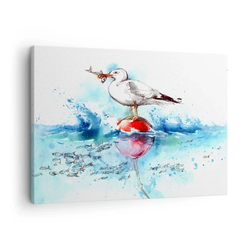 Quadro em tela - Gaivota em uma bóia com peixes ao fundo em estilo aquarela - 70x50cm - Pesca bem sucedida - Decoração de parede moderna para a sala de estar e quarto ARTTOR