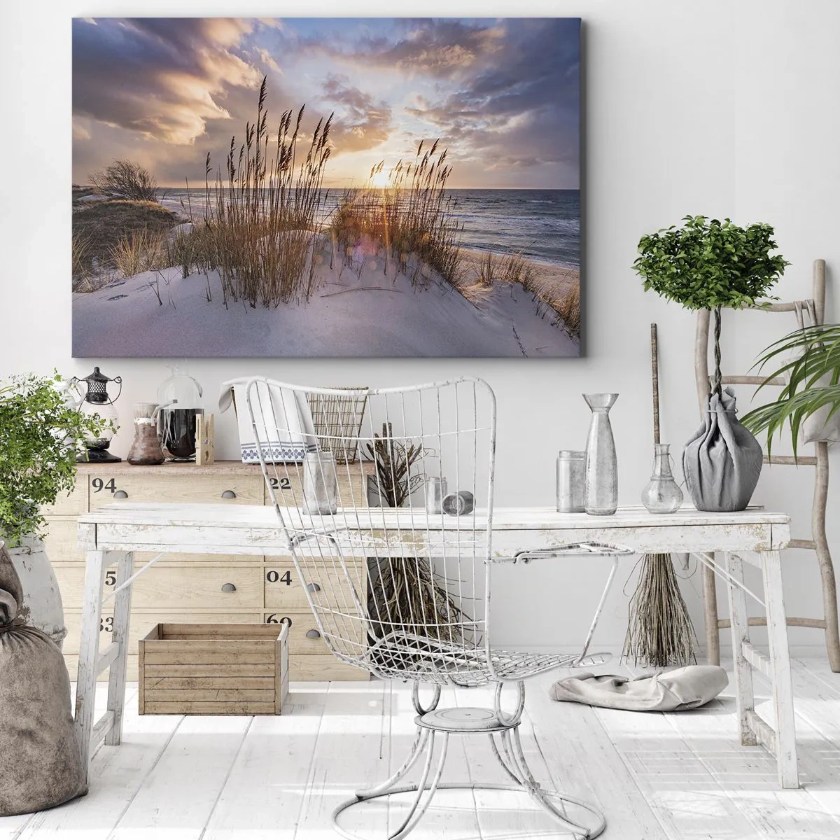Quadro em tela - Dunas com gramíneas tendo como pano de fundo o pôr do sol - 70x50cm - Adeus ao sol e ao vento - Decoração de parede moderna para a sala de estar e quarto ARTTOR