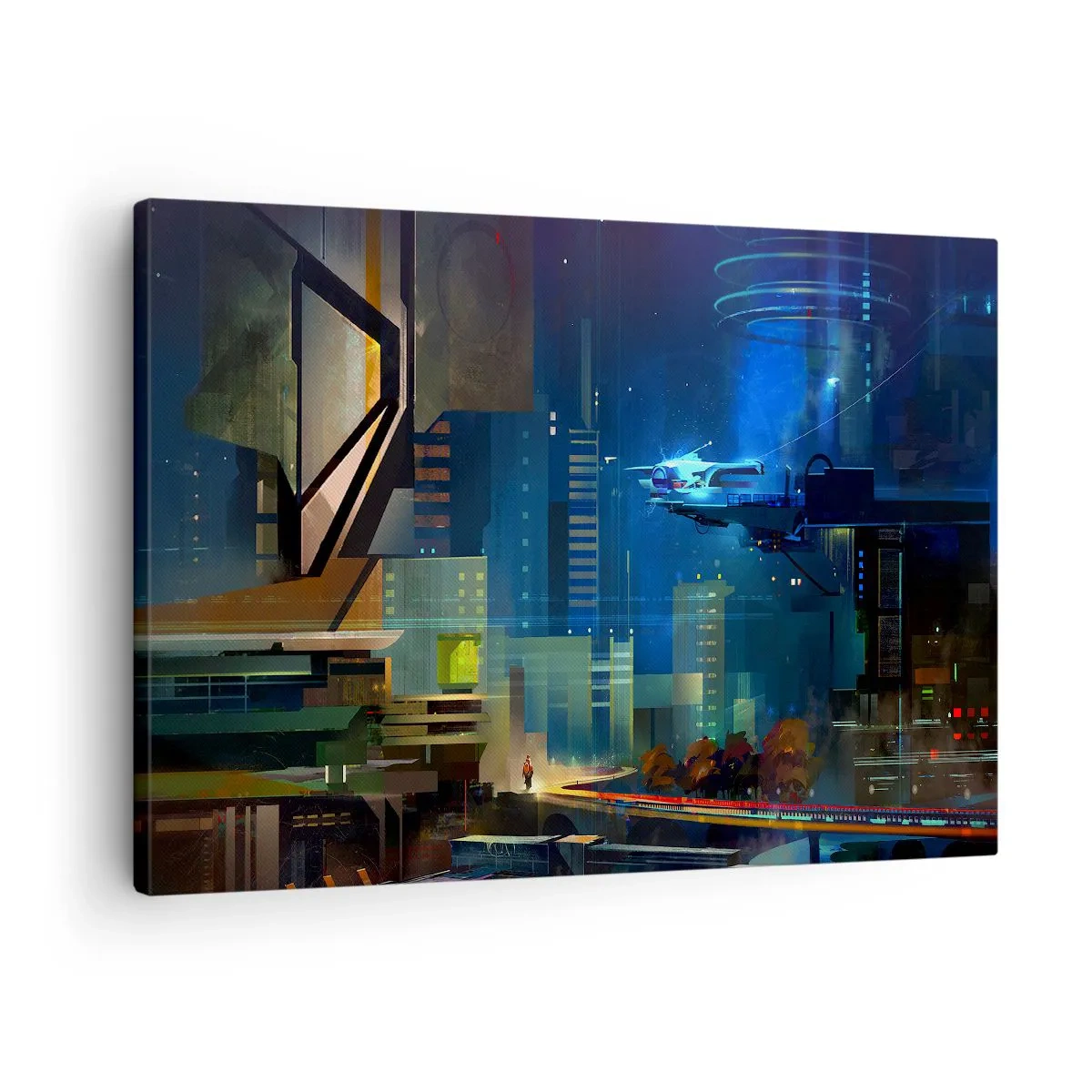 Quadro em tela - Cidade futurista à noite com luzes de neon e um veículo voador - 70x50cm - Num futuro próximo - Decoração de parede moderna para a sala de estar e quarto ARTTOR