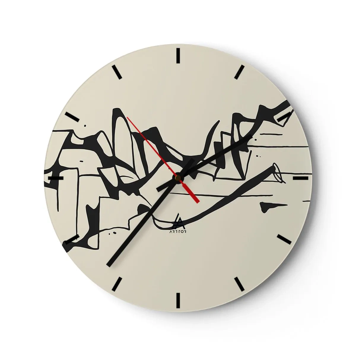 Relógio de parede - Relógio em vidro - Linhas pretas abstratas em um fundo creme lembrando uma paisagem. - 30x30cm - Talvez uma paisagem - Decoração de parede moderna para a sala de estar, cozinha e quarto ARTTOR