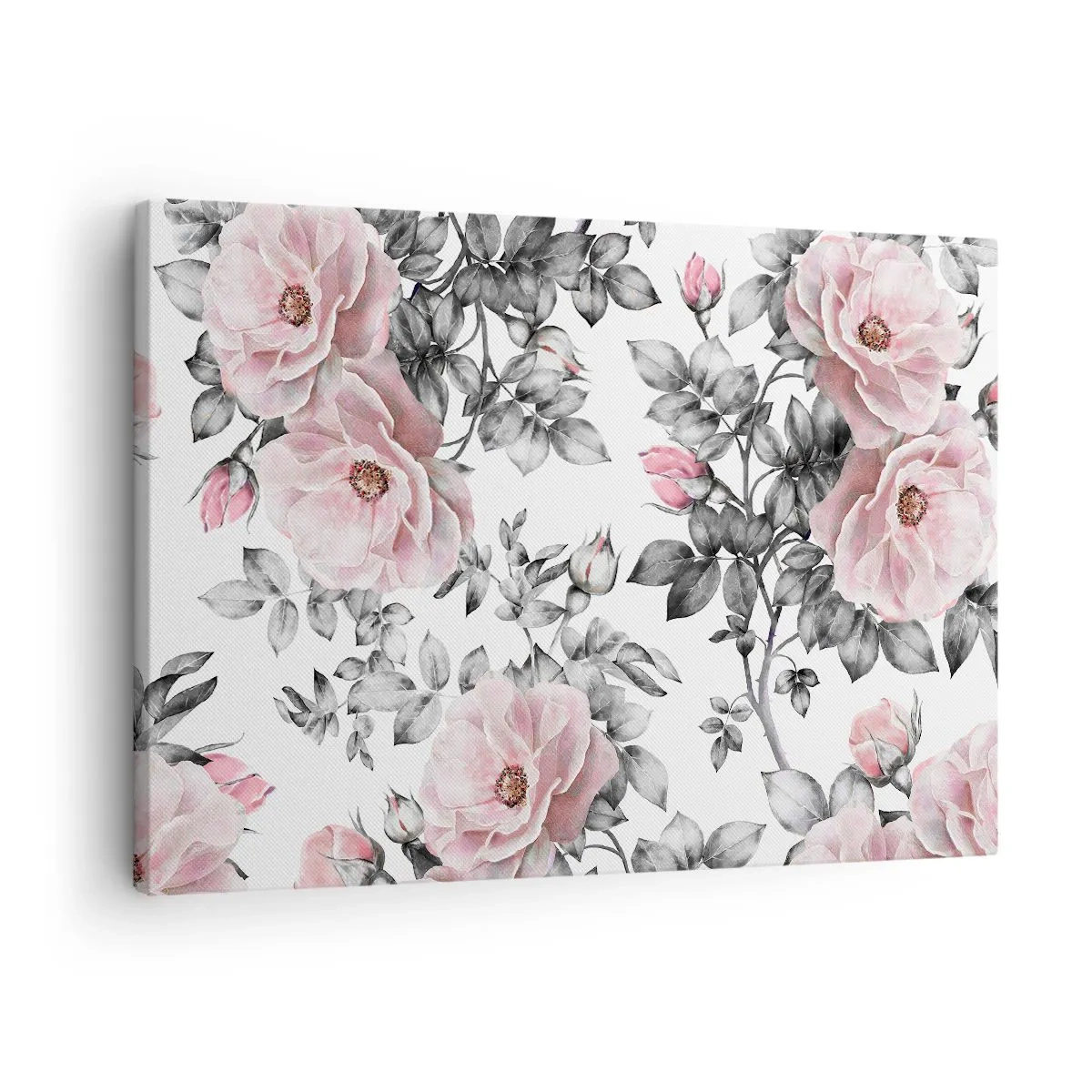 Quadro em tela - Rosas e folhas cor de rosa em um delicado fundo preto e branco - 70x50cm - Perder-se nas rosas - Decoração de parede moderna para a sala de estar e quarto ARTTOR