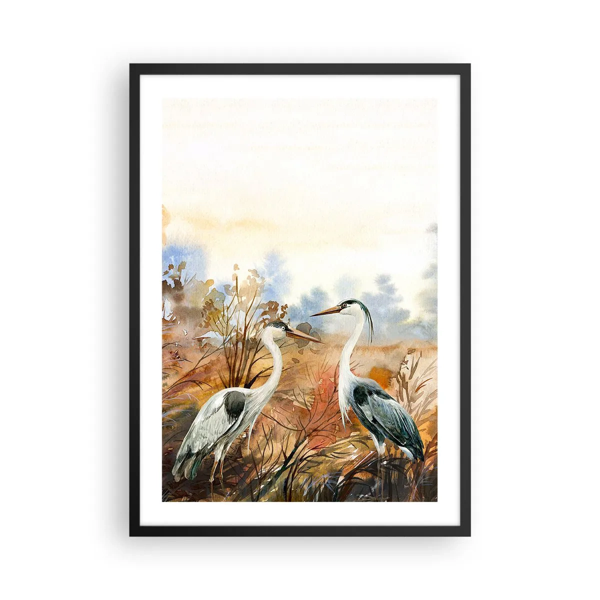 Pôster com moldura preta - Guindastes no fundo de uma paisagem de outono em aquarela - 50x70cm - Para onde ir no outono? - Decoração de parede moderna para a sala de estar e quarto ARTTOR