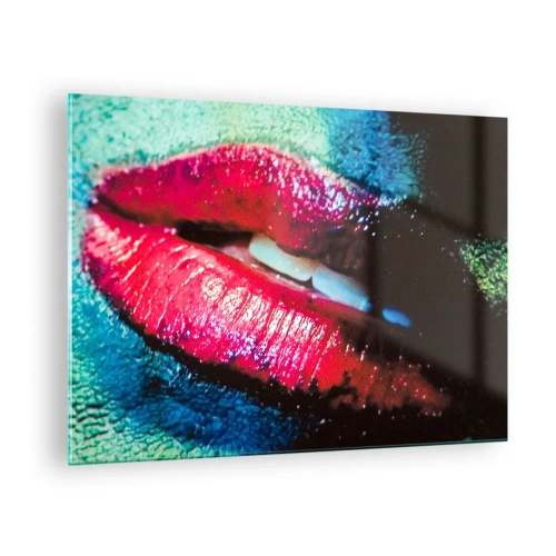 Quadro em vidro - Lábios vermelhos em um fundo de cores intensas - 70x50cm - Sensual e perturbador - Decoração de parede moderna para a sala de estar e quarto ARTTOR