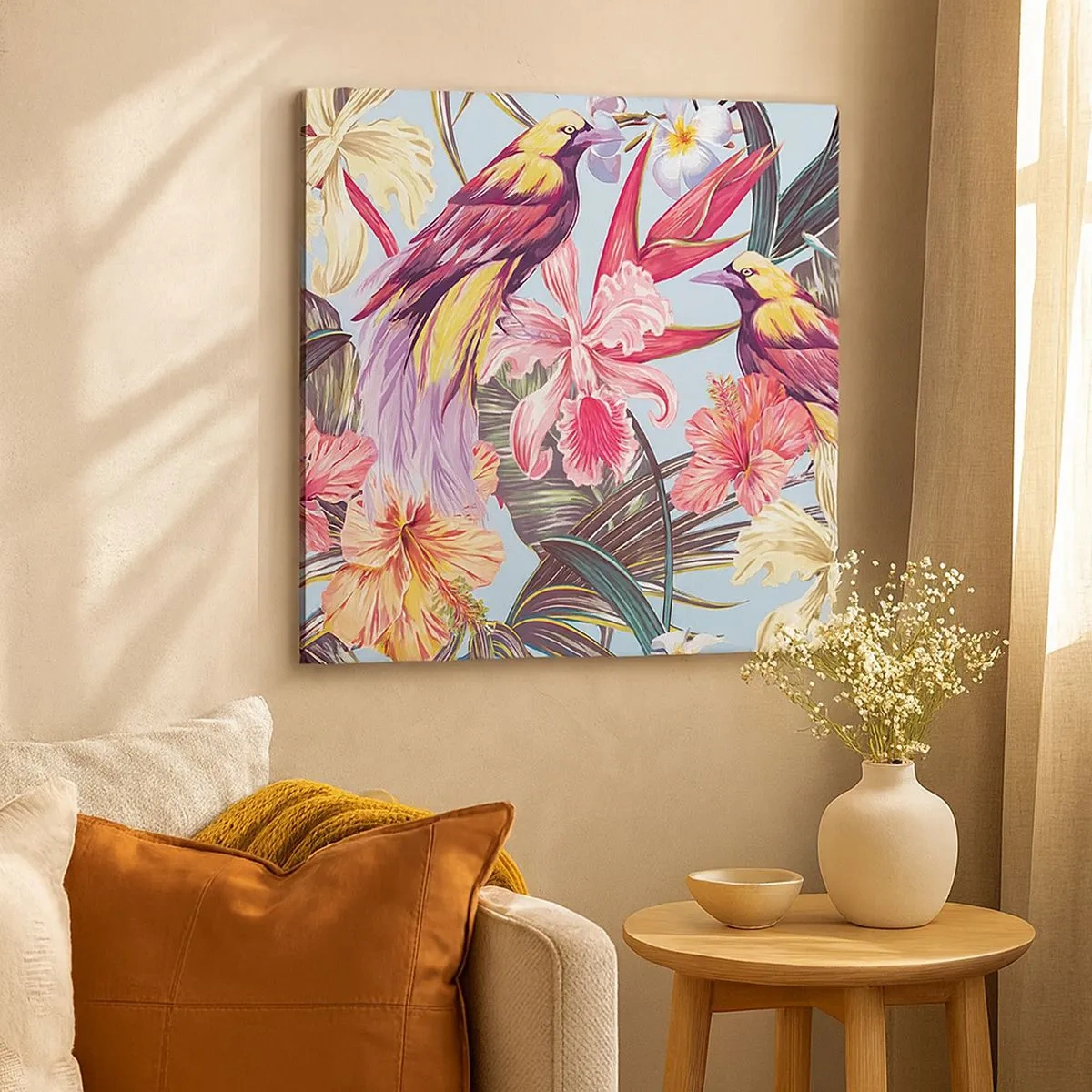 Quadro em tela - Pétalas e penas - 30x30 cm