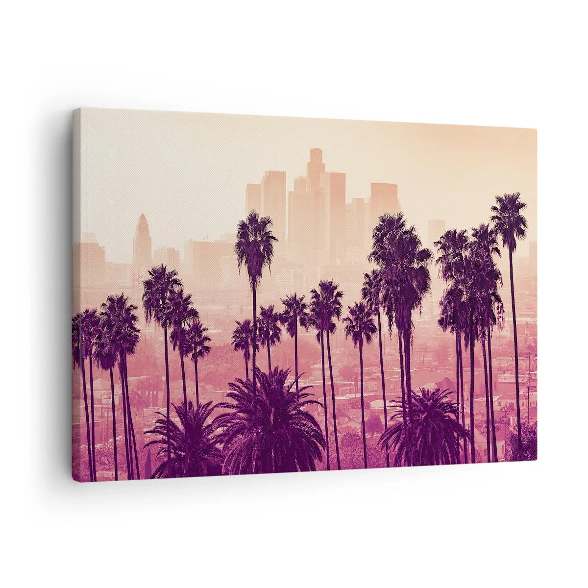 Quadro em tela - Palmeiras tendo como pano de fundo uma paisagem urbana em cores quentes - 70x50cm - Paisagem californiana - Decoração de parede moderna para a sala de estar e quarto ARTTOR